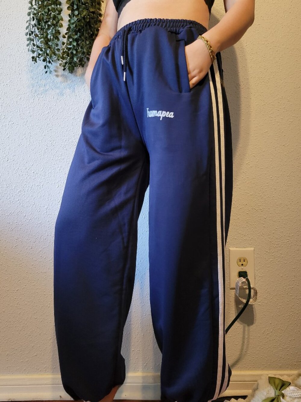Navy Blue Sweatpants with Side Stripe